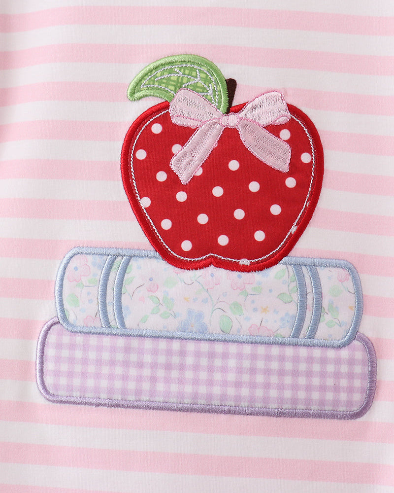 Pink striped top with apple, books, and ruffle appliqué