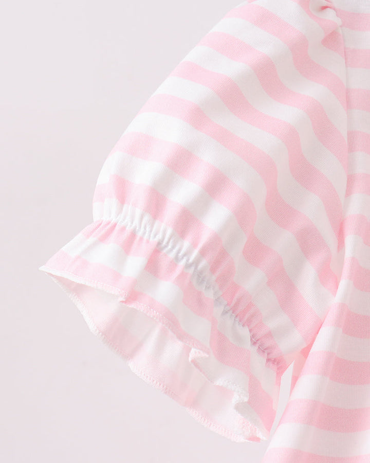 Pink and white striped baby top with double ruffle sleeve and elastic cuff