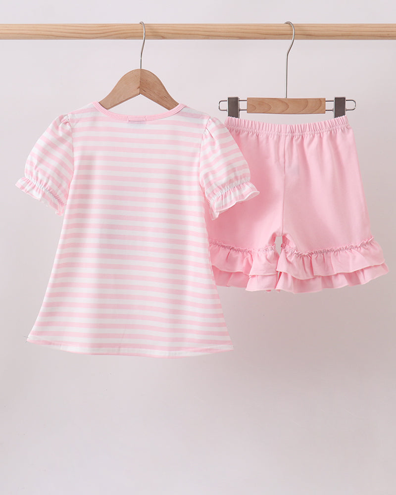 Girls pink striped tunic top and matching pink ruffled shorts set