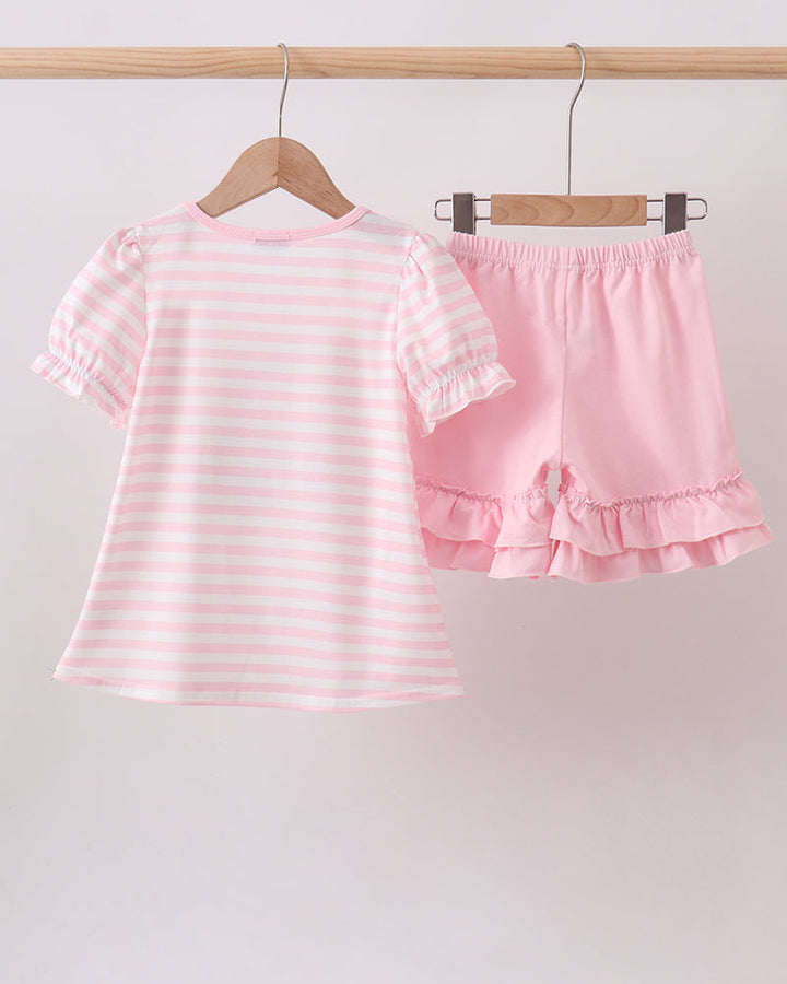 Girls pink striped tunic top and matching pink ruffled shorts set
