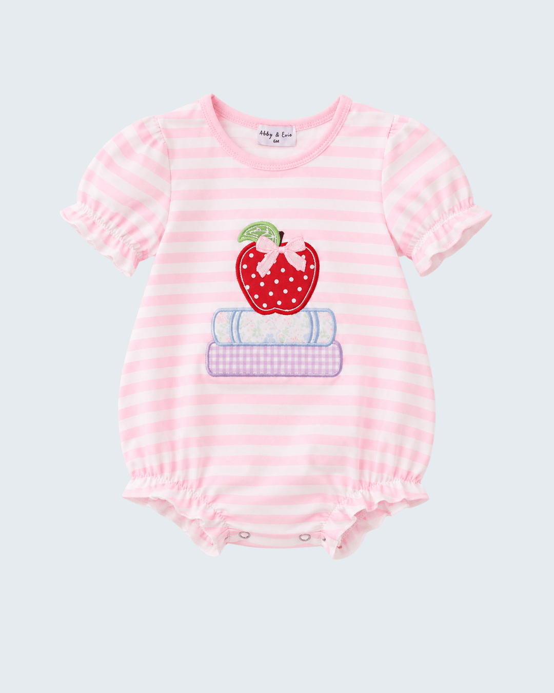 Pink Stripe Apple Book Applique Bubble on light grey background