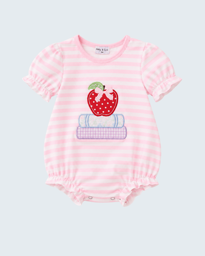 Pink Stripe Apple Book Applique Bubble on light grey background