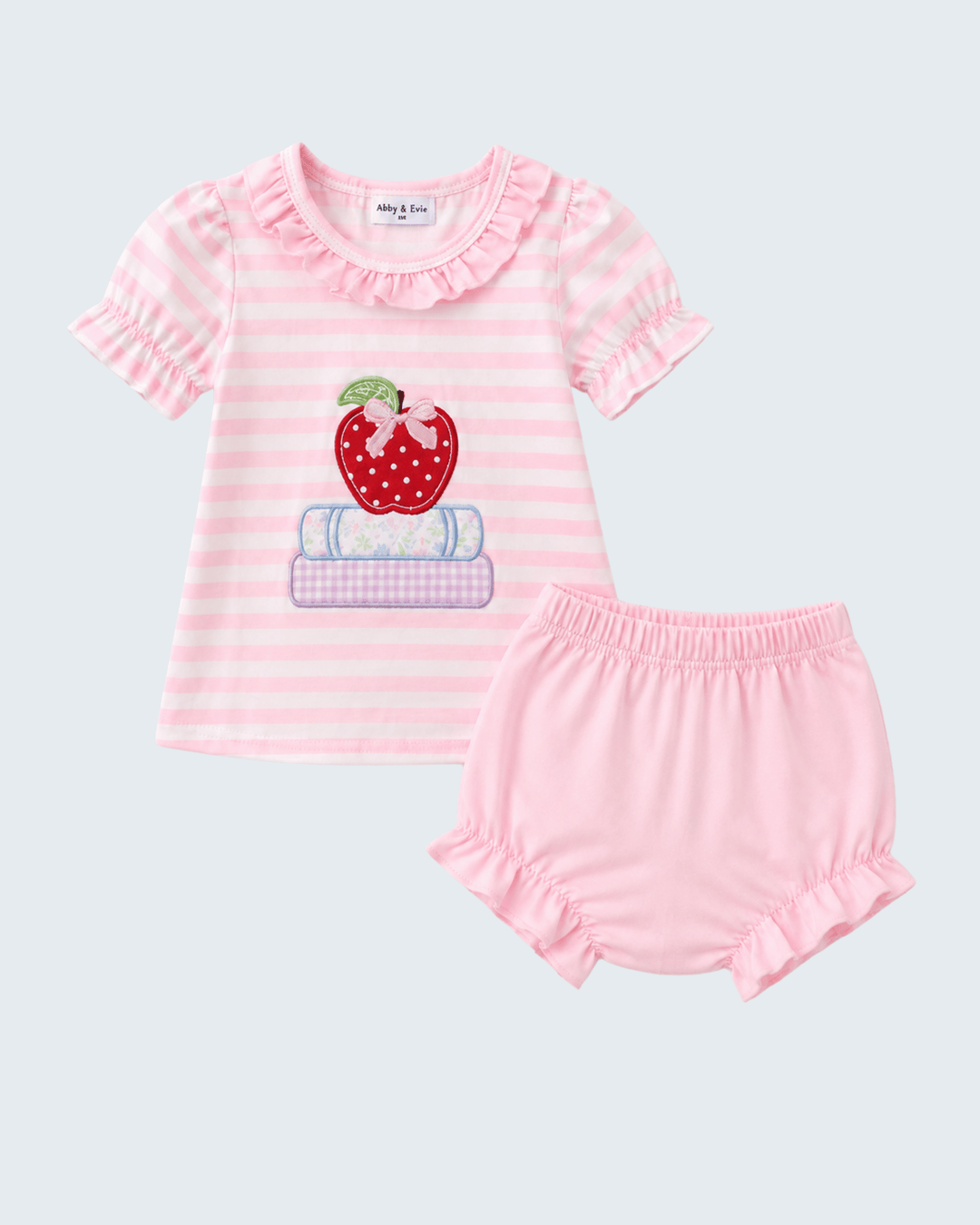 Pink Stripe Apple Book Applique Bubble on light grey background