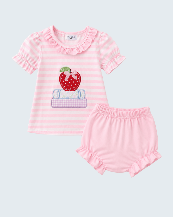 Pink Stripe Apple Book Applique Bubble on light grey background