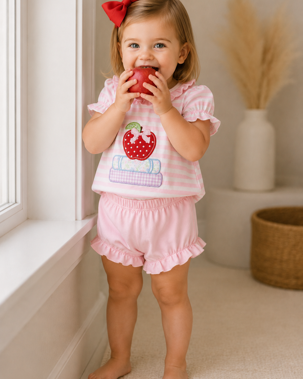 Young girl in a pink outfit is eating apple. She is standing by a window.