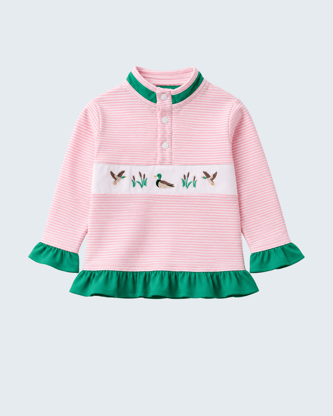 Pink-and-white striped duck pullover with green ruffle hem and bird embroidery band