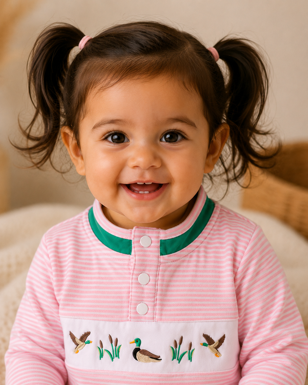 Toddler wearing pink striped pullover with green ruffle trim and duck embroidery
