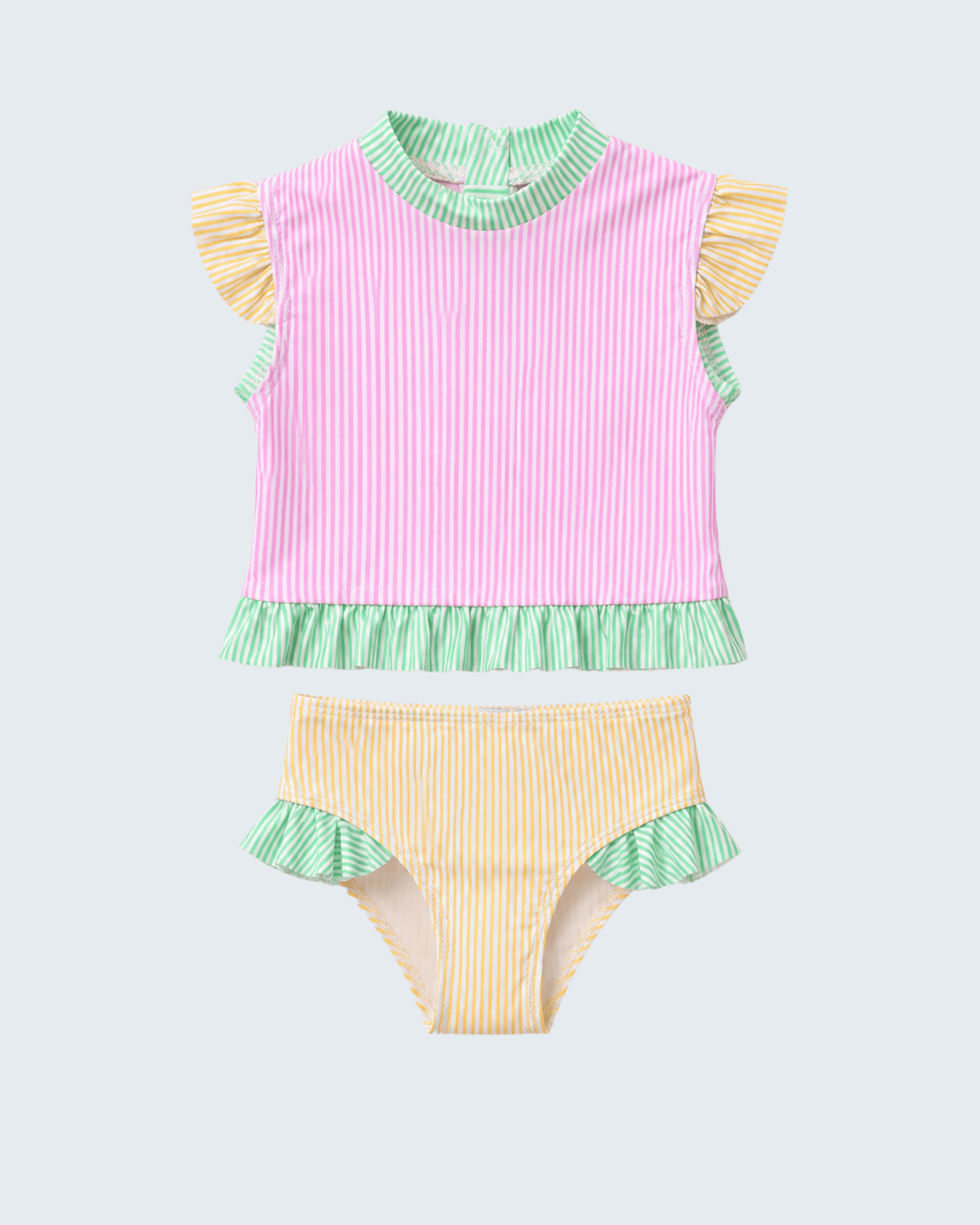 Two-piece swimsuit with pink top and yellow bottom on a light blue background