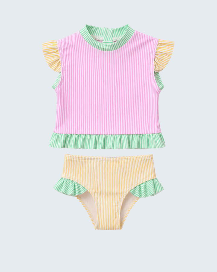 Two-piece swimsuit with pink top and yellow bottom on a light blue background
