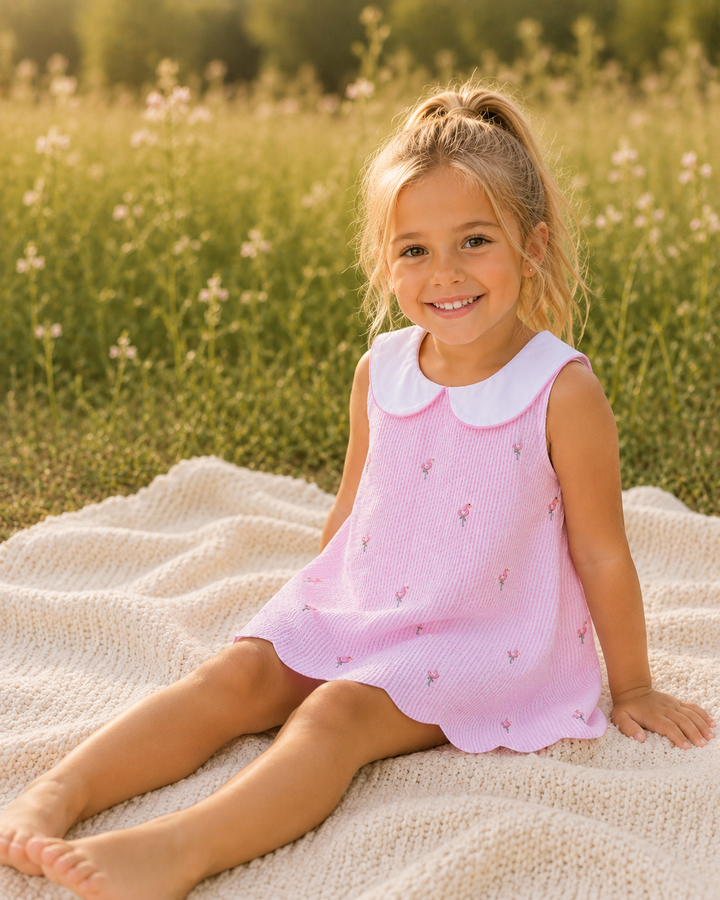 Young girl in a pink dress sitting on a blanket in a field