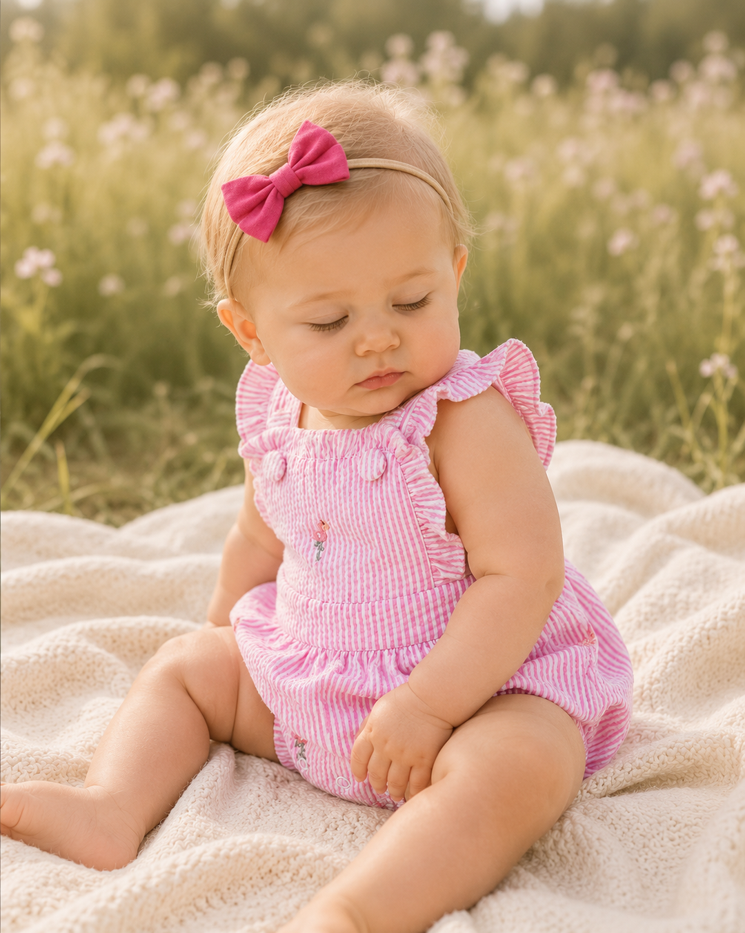 Pink Stripe Seersucker Flamingo Embroidered Ruffle Bubble