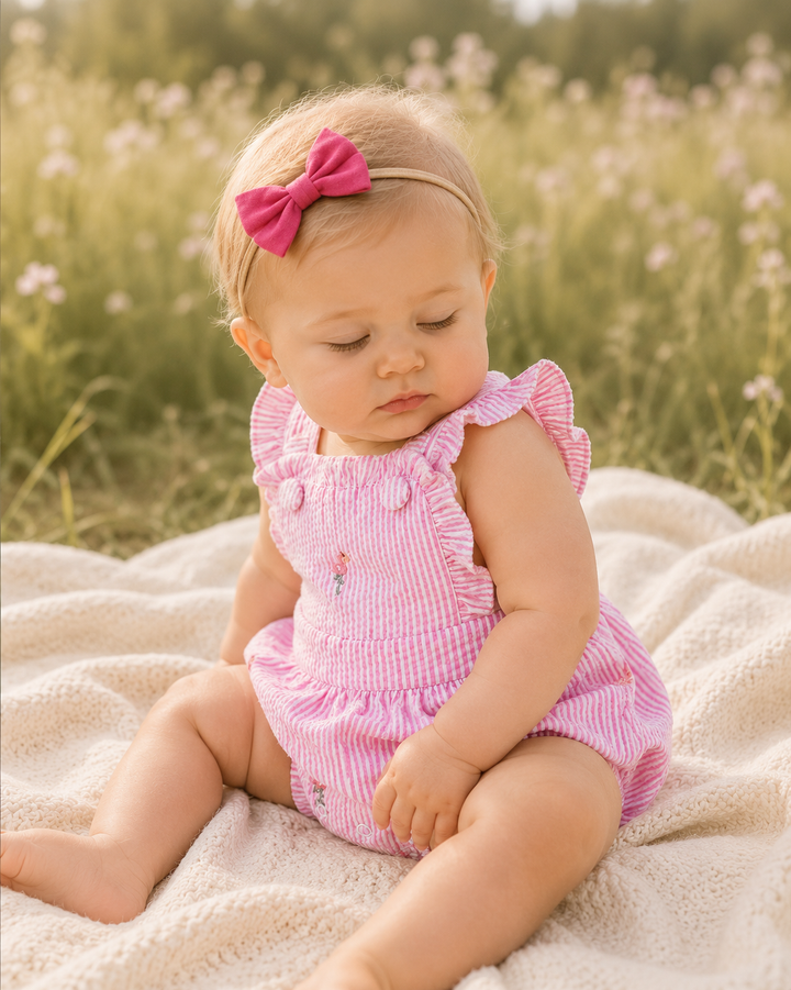 Pink Stripe Seersucker Flamingo Embroidered Ruffle Bubble
