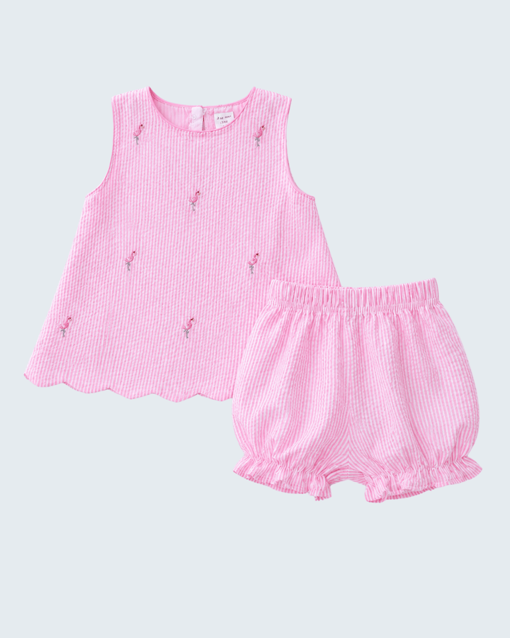 Pink Stripe Seersucker Flamingo Embroidered Scalloped Bloomer Set