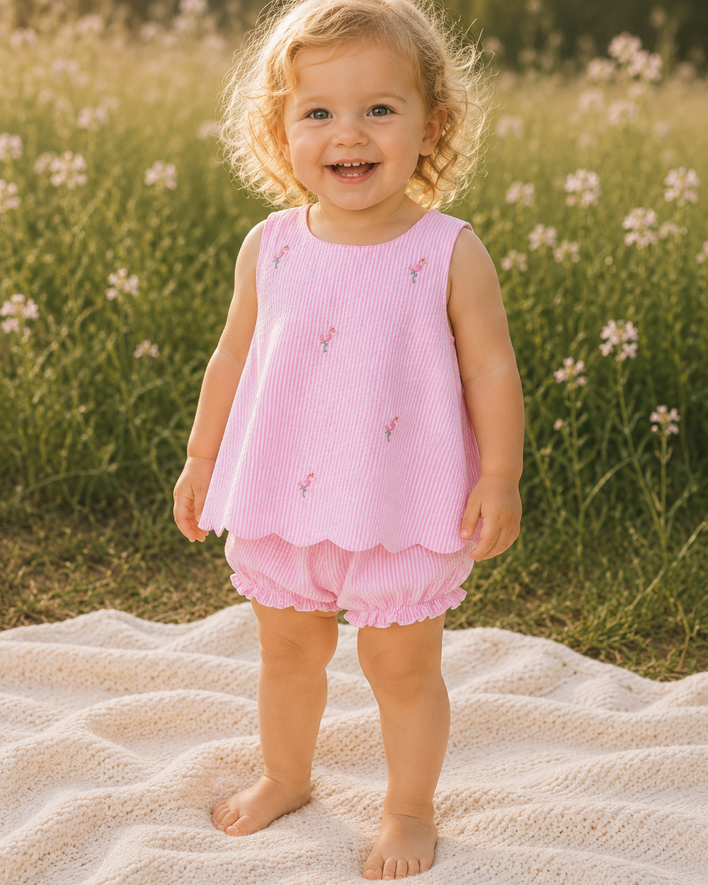 Child in a pink outfit standing on a blanket in a field of flowers