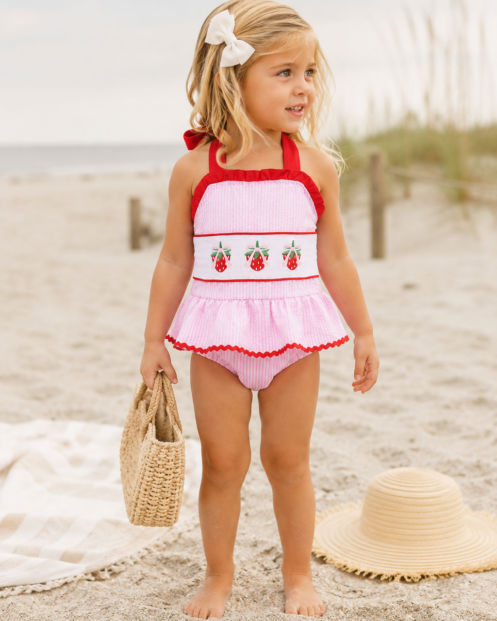 Young girl in a pink and red swimsuit standing on a sandy beach.