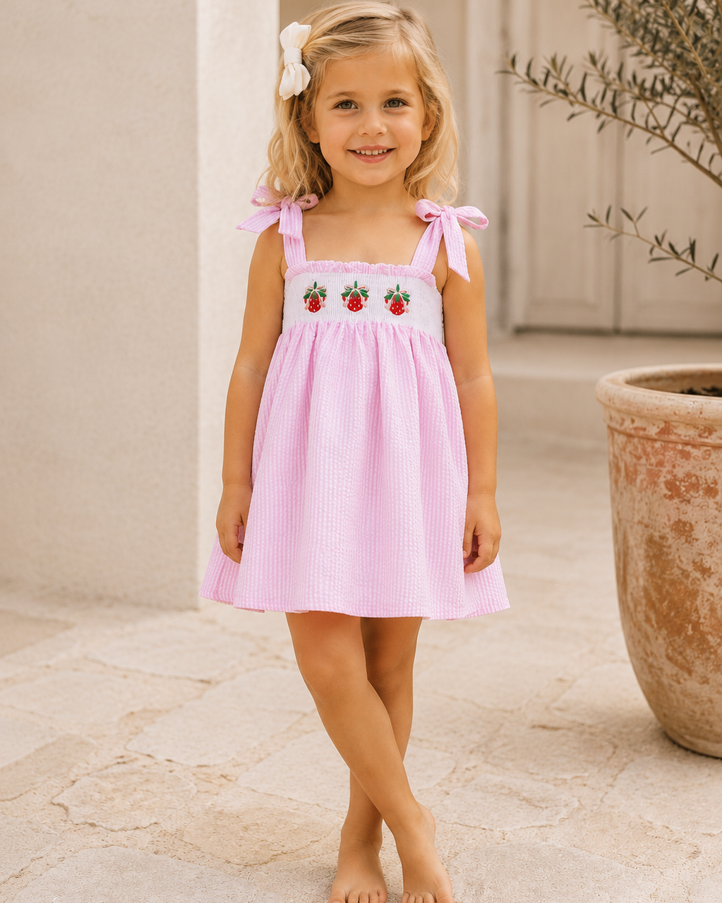 Young girl in a pink dress with strawberry design standing outdoors.