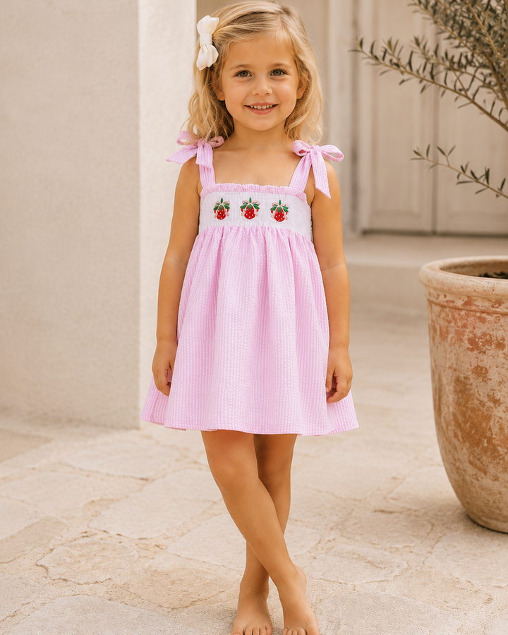 Young girl in a pink dress with strawberry design standing outdoors.