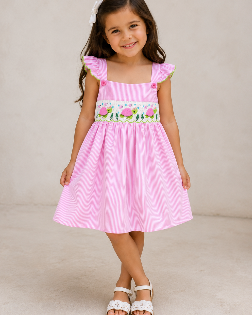 Young girl wearing a pink dress with floral embroidery on a beige background