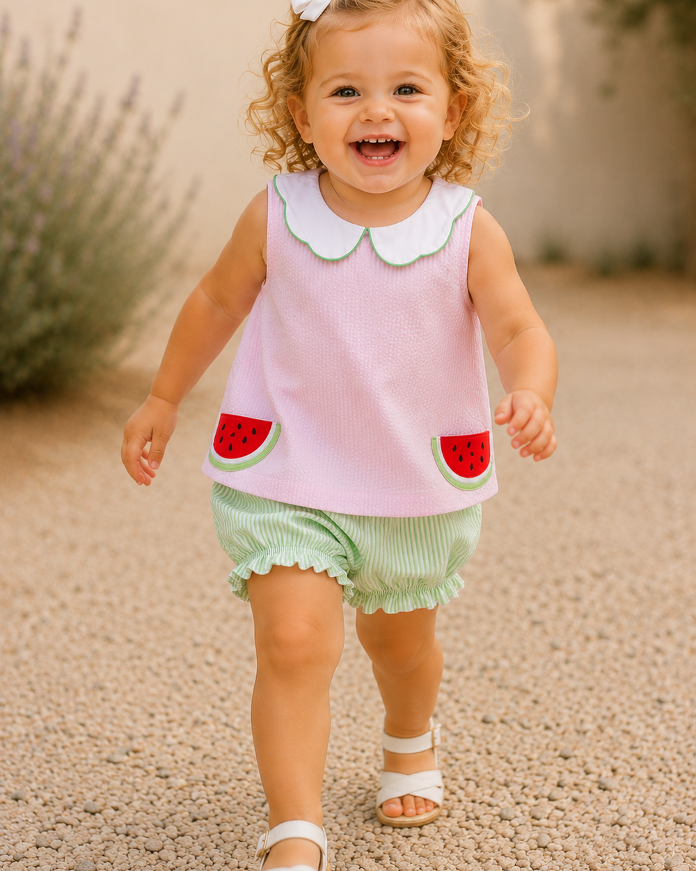 Child wearing a pink top with watermelon designs and light green shorts outdoors.