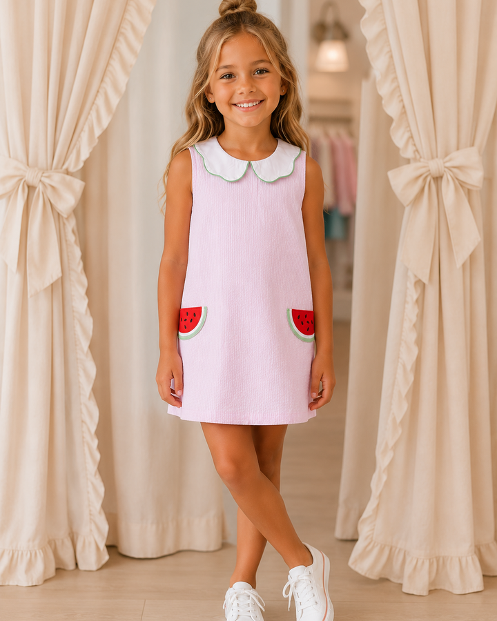 Young girl wearing a pink dress with watermelon designs in a room with beige curtains.