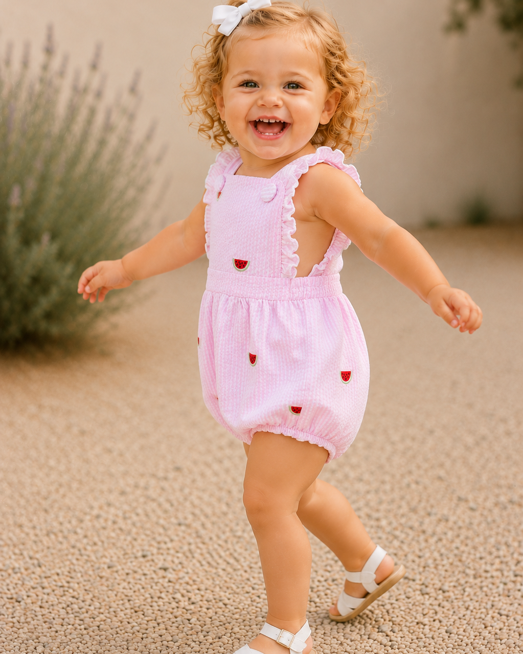 Child in a pink romper with heart patterns outdoors