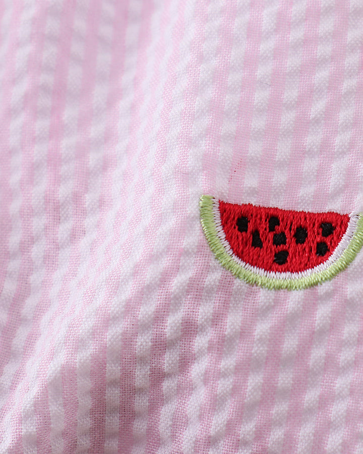 Embroidered watermelon slice on a pink and white striped fabric