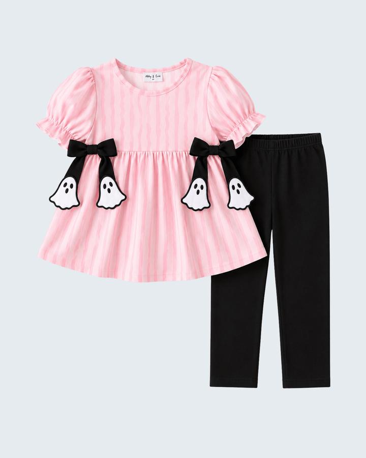 Pink Striped Ghost Appliqué Pants Set