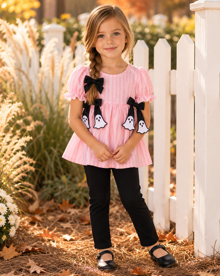 Young girl is wearing a Pink Striped Ghost Appliqué Pants Set