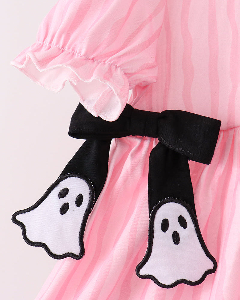 Pink striped dress with ghost applique faces and black bow detail