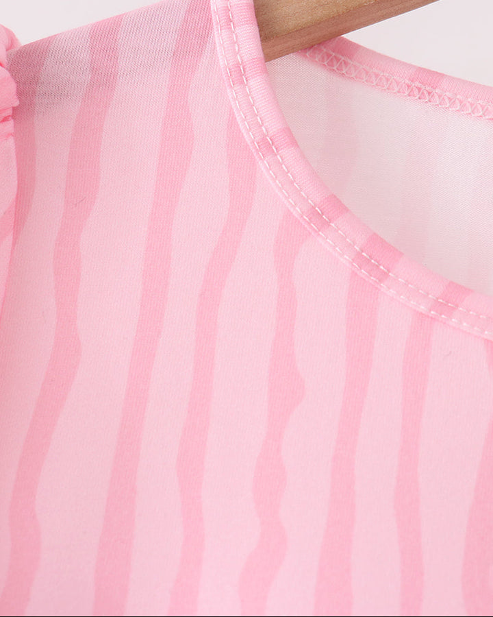 Pink striped dress neckline with stitched trim and soft gathered shoulders