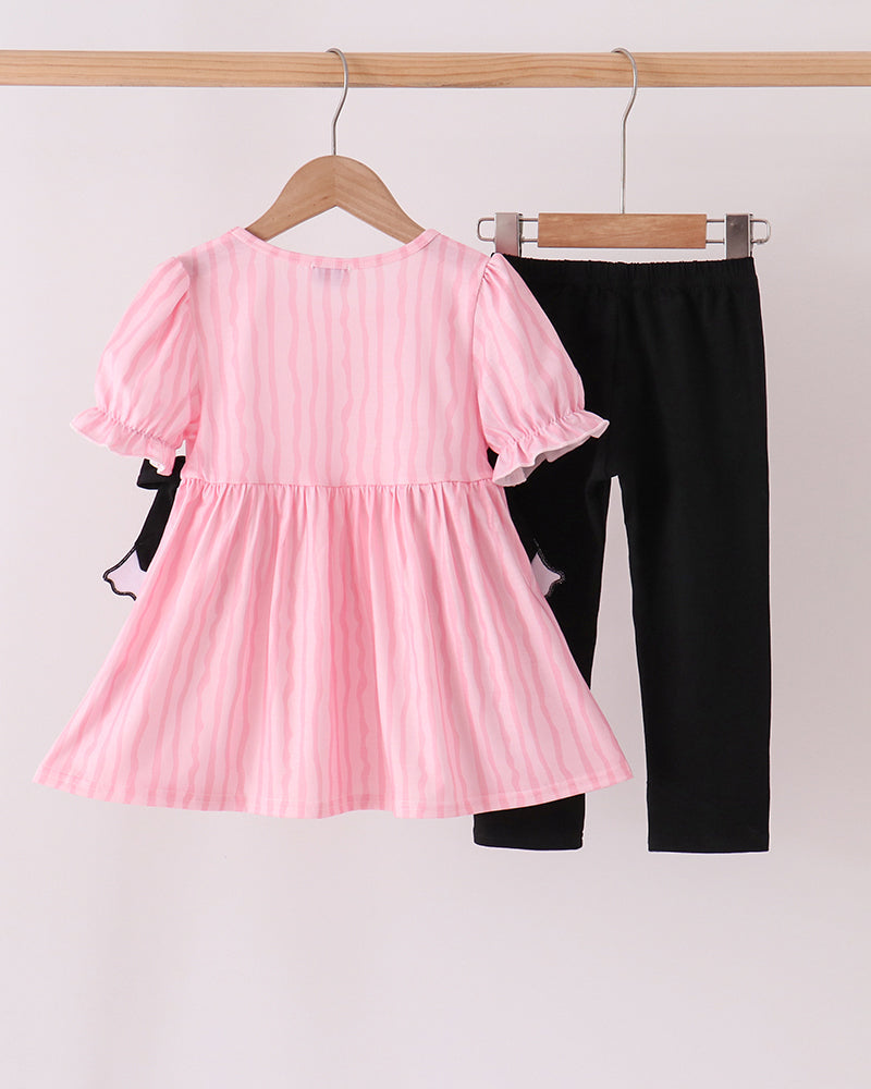 Pink striped dress with ghost appliques and black leggings, ruffled sleeves set
