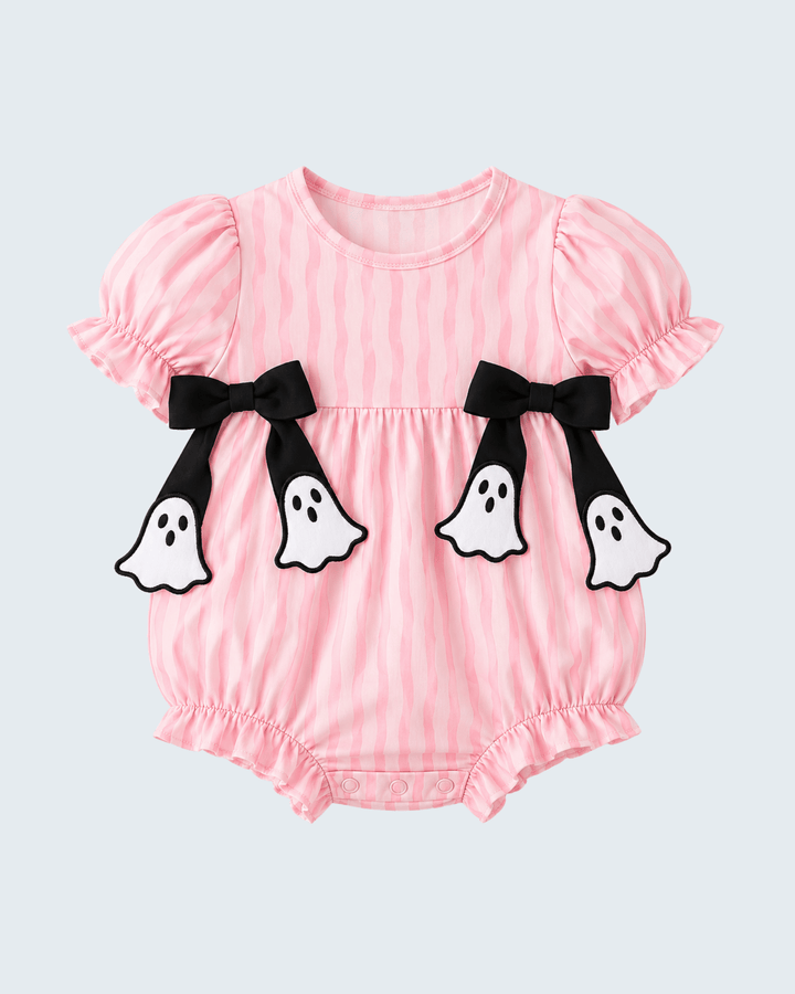 Pink striped ghost applique romper with black bow straps, short puff sleeves and ruffled legs