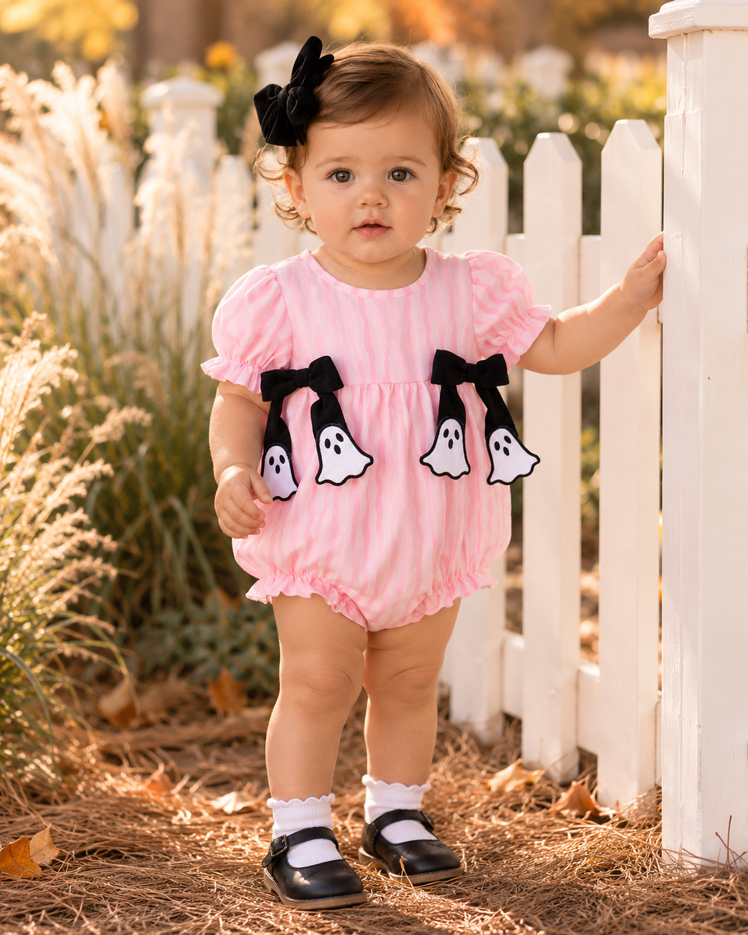 Pink striped ghost applique romper with black bows, worn by toddler, short puff sleeves