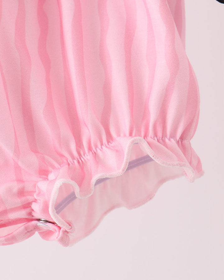 Pink striped bubble romper leg opening with ruffled hem and gathered cuffs