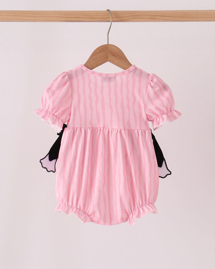 Pink striped bubble romper with ghost appliques and black bow on back