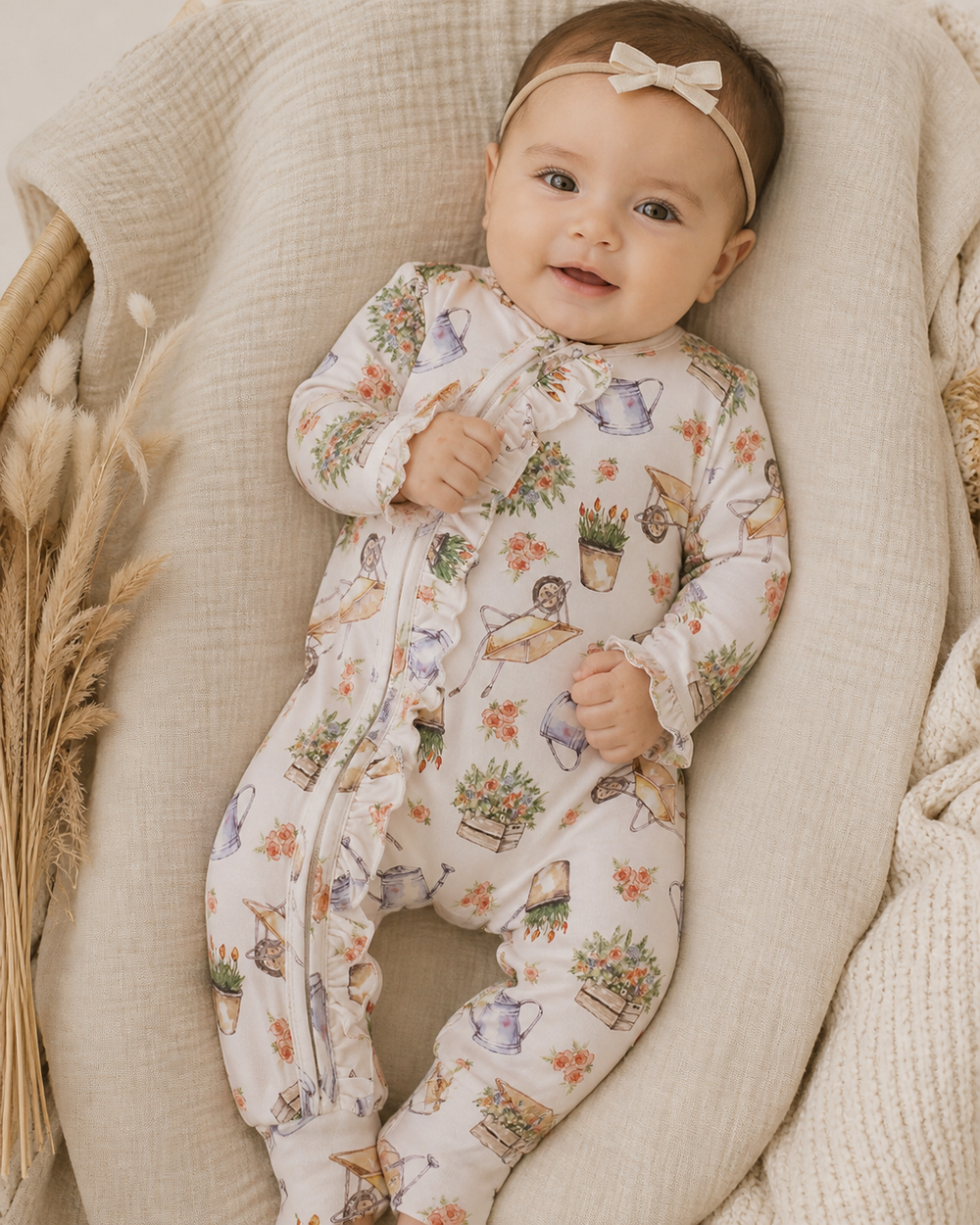 Baby girl in sweet garden inspired romper