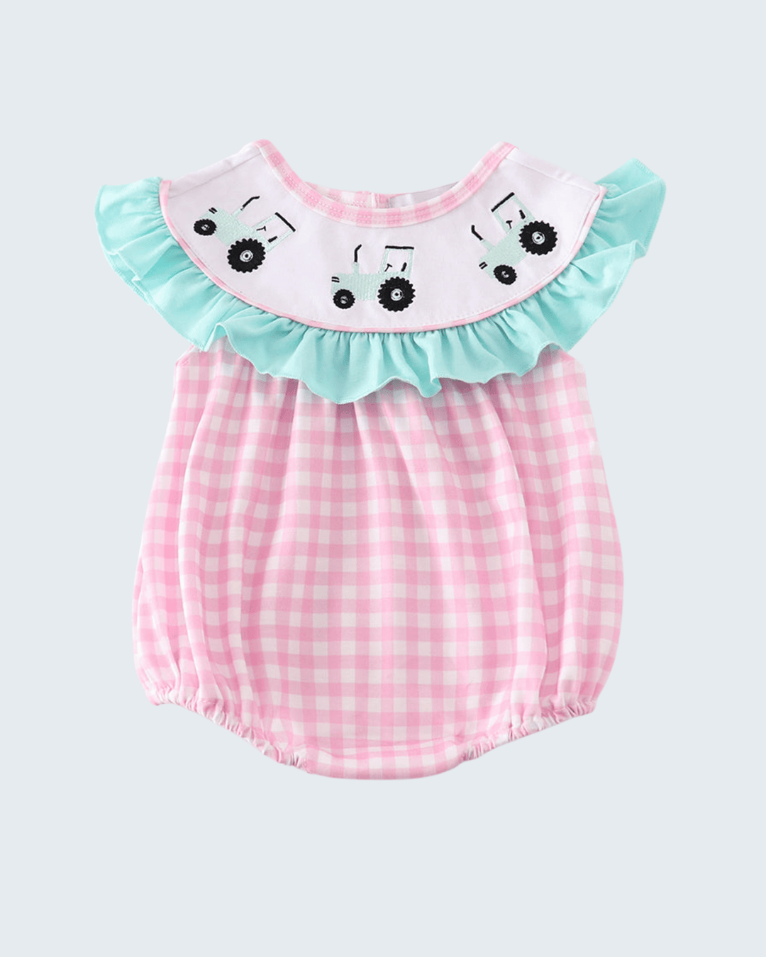Baby romper with pink checkered pattern and turquoise ruffled collar on a light gray background