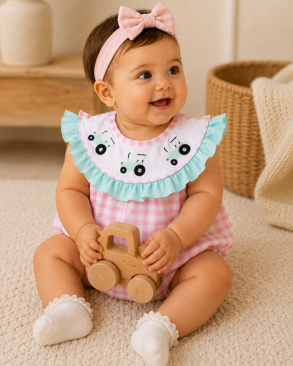 Baby girl in a checkered dress with a bib, holding a wooden toy, sitting on a carpeted floor.