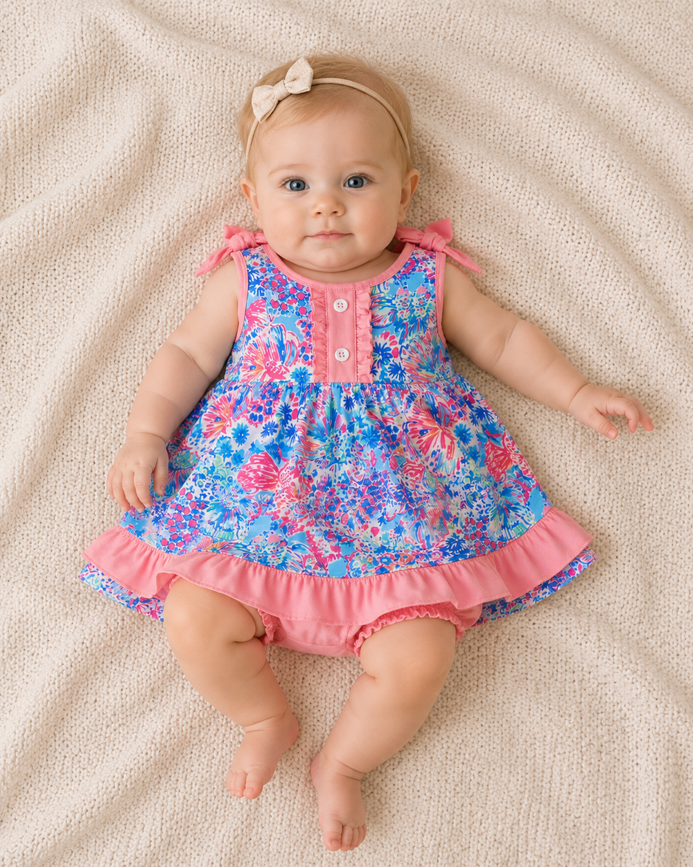 Baby wearing a colorful floral dress lying on a beige blanket