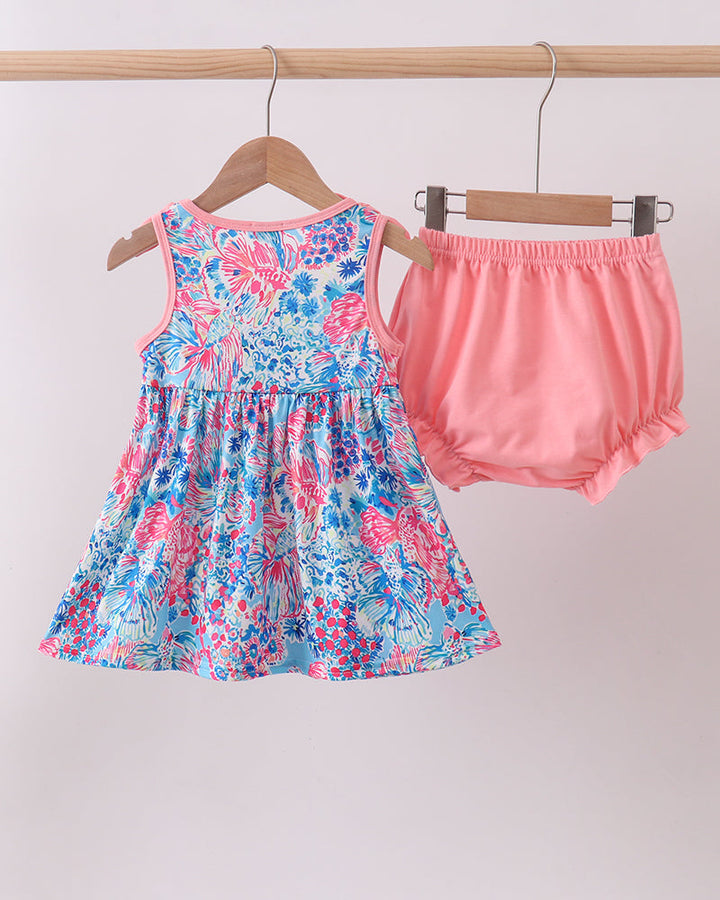 Pink Tropical Floral Print Ruffle Bow Bloomer Set for baby girls