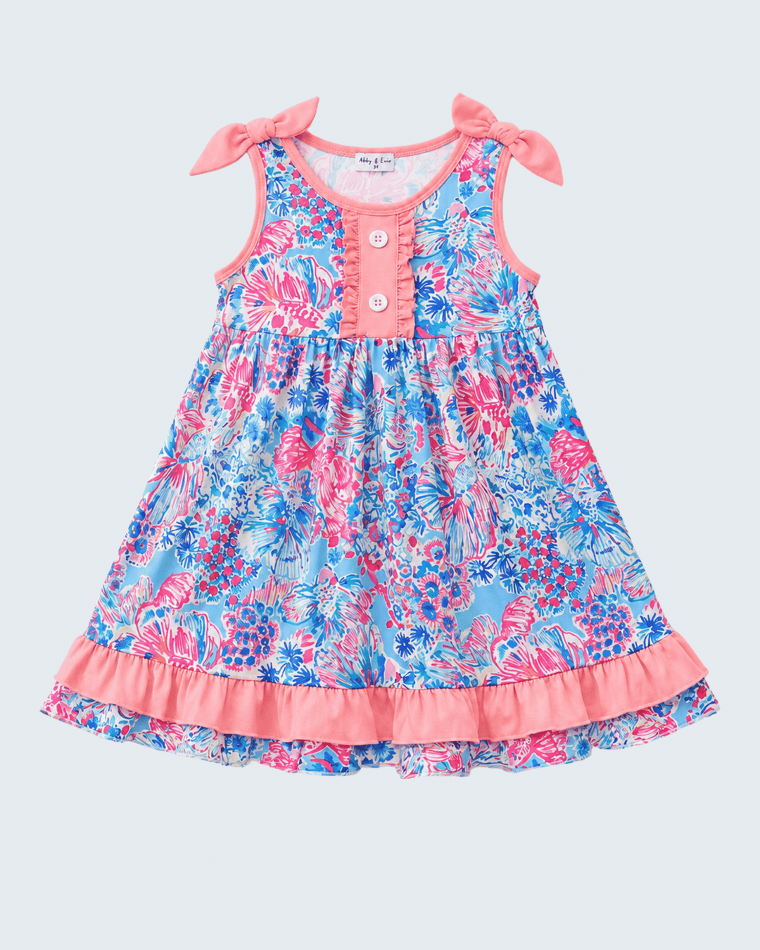 Floral dress with pink accents on a light gray background