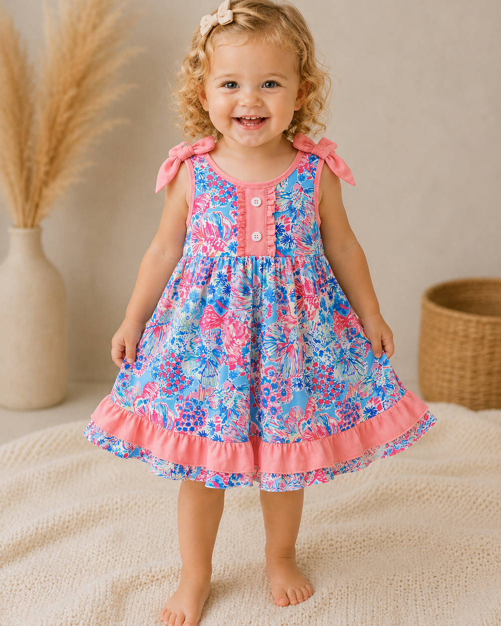 Young girl wearing a colorful floral dress with pink accents, standing on a beige surface.