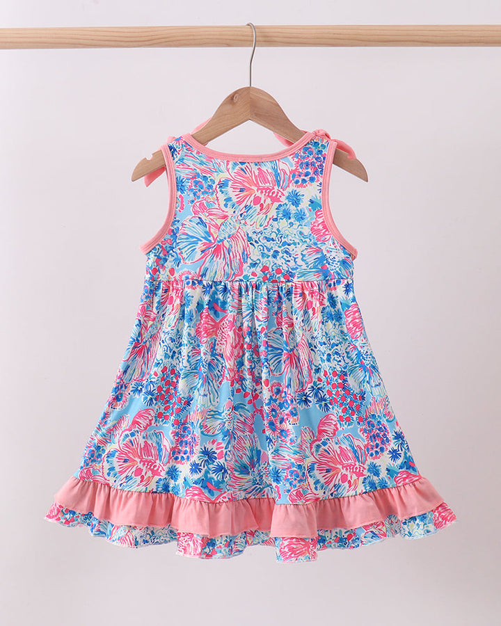 Pink Tropical Floral Print Ruffle Dress for girls