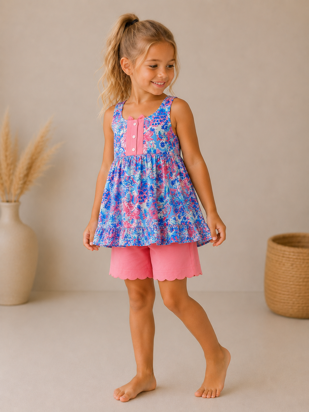 Young girl wearing a floral dress and pink shorts standing against a neutral background