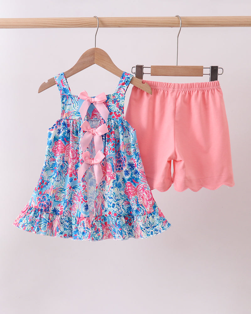 Pink Tropical Floral Print Ruffle Shorts Set with three bows on the back