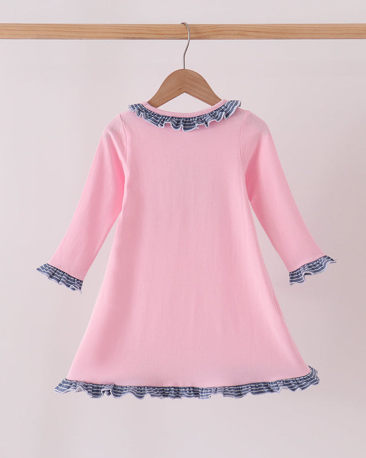 Pink long-sleeve ruffle dress with blue striped trim