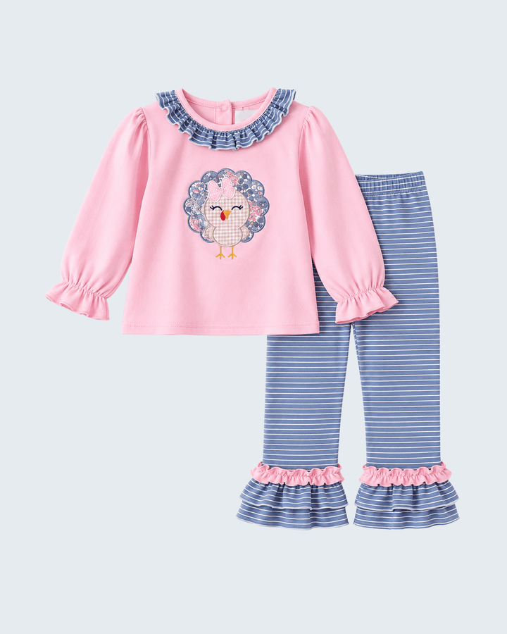 Pink turkey appliqué ruffle pants set with striped pants and ruffle hems