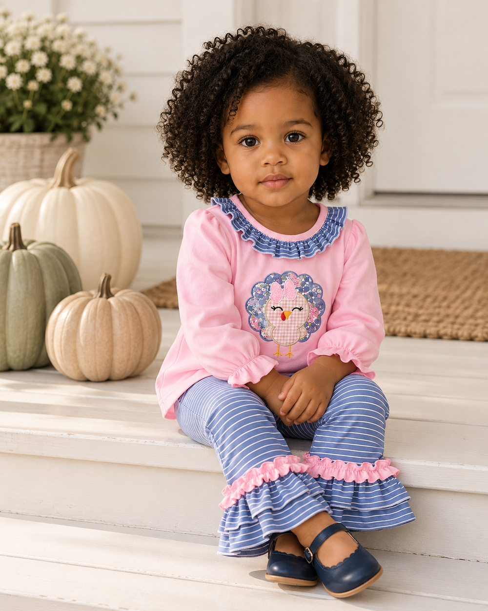 Pink turkey appliqué ruffle pants set with blue striped ruffle pants