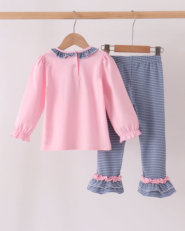 Pink long-sleeve top with ruffle collar and blue striped ruffle pants set