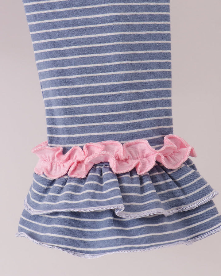Blue striped pants with pink ruffled waistband and tiered hem